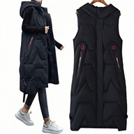 PIKOWANY KAMIZELKA DŁUGA DAMSKA, KAPTUR, BEZRĘKAWNIK NA ZAMEK CZARNY R. L