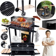 GRILL OGRODOWY WĘGLOWY STALOWY RUSZT PRZENOŚNY NA KÓŁKACH Z PÓŁKAMI ROŻEN