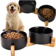 MISKA CERAMICZNA PODWÓJNA DLA PSA I KOTA 2 MISKI DREWNIANA PODSTAWA 2x400ml
