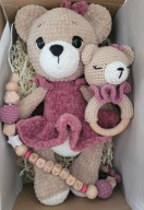 Zestaw Miś + grzechotka + zawieszka Handmade prezent na chrzest Baby Shower