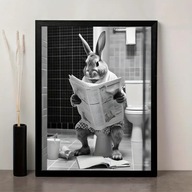 Plakat na płótnie z zającem obrazek czarni biały WC łazienka 30x40 A3