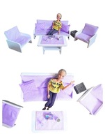 Lawendowe fioletowe drewniane mebelki białe do pokoju lalek kapana fotele