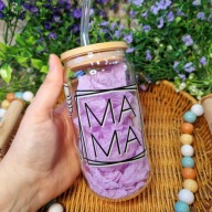 Kubek Mama 500ml szklany ze słomką i pokrywką prezent Dzień Matki handmade