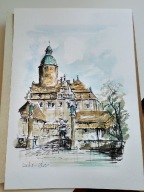 Leśna Marklissa Zamek Czocha piękna akwarela