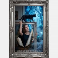 Kobieta fantazja srebrna rama ogród niebieski kot obraz na płótnie 58x85