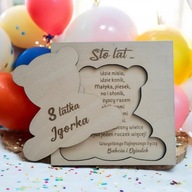 DREWNIANA KARTKA URODZINOWA Obrazek MIŚ Urodziny dziecka GRAWER Imię / wiek