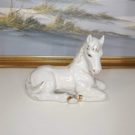Figurka porcelanowa koń| vintage | biała porcelana ze złoceniami | 20 cm