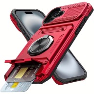 Etui Pancerne iPhone 16 z Ringiem 360° + Schowek na Kartę Czerwone