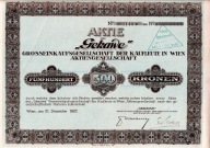 Austria – akcja 500 K Gekawe, Wiedeń 1922, z kuponami i talonem, handel
