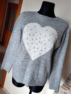 Sinsay szary luźny damski sweter ozdobny wzór białe serce ozdobne dżety XL