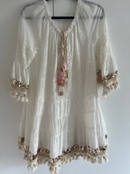 Sukienka boho biała frędzle haftowana pompony koraliki festiwal plażowa