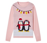 HIP & HOPPS świąteczny różowy SWETER świeci LED pingwiny NOWY 158/164