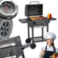 GRILL WĘGLOWY ŻELIWNY OGRODOWY DUŻY RUSZT Z POKRYWĄ TERMOMETR POPIELNIK