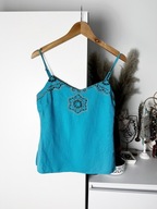 Niebieska boho bluzka na ramiączkach haftowana koralikami top vintage S