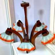 Żyrandol 5-ramienny drewniany PRL lampa sufitowa klosze falbanka