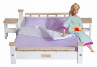 Mebelki na urodziny Duże białe łóżko dla lalek i szafki + pościel lawendowa