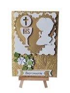 ZAPROSZENIA KOMUNIA DZIEWCZYNKA KLĘCZĄCA KIELICH SERCE B6 ZŁOTO – BIEL