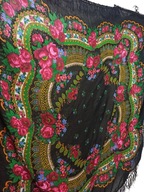 duża CHUSTA wełniana w kwiaty z frędzlami 112x118