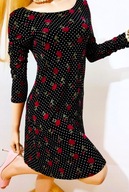 Clockhouse czarna sukienka w białe małe groszki i czerwone róże VINTAGE M