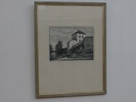 Obraz, stara grafika ''Dom nad rzeką'' W. Benson