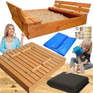 Duża Piaskownica Drewniana Zamykana 120x120 cm Impregnowana Dla Dzieci