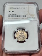 Wyprzedaż 1/2 Guldena 1927 Gdańsk – Koga – NGC AU55 – rzadki rocznik