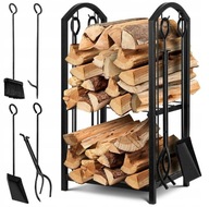 STOJAK KOSZ KOMINKOWY NA DREWNO DRZEWO METALOWY + PRZYBORY DO KOMINKA