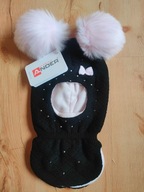 Kominiarka czapka dziecięca na zimę czarna 2 pompony z futerka 50-52 cm
