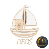 Drewniana Lampka Nocna LED Żaglówka Statek Miś Imię Prezent Marynarski