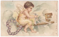 Anioł Aniołek Dziecko klucz ok.1900r. Litografia