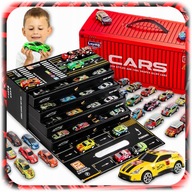 SAMOCHODZIKI AUTKA RESORAKI W KONTENERZE Z NAPĘDEM METALOWE + PLANSZA 48SZT