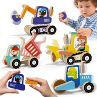 Drewniane pojazdy budowlane Montessori – edukacyjny zestaw do składania