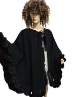 długie PONCZO PELERYNA zamiast płaszcza wełniana obszyta futrem z norek