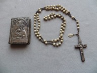 PRZEDWOJENNY RÓŻANIEC W METALOWYM PUDEŁKU JEZUS CHRYSTUS dedykacja - 2