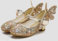 Piękne brokatowe BALERINKI na obcasie r.31 złote z motylem