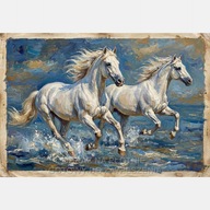 Białe konie biegnące po wodzie obraz olejny na płótnie 55x80 ocean plaża