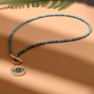 Naszyjnik damski oko proroka złoty z turkusowych koralików CLM65