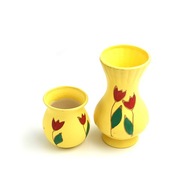 Zestaw dwóch wazonów ceramicznych żółtych malowanych kwiaty vintage lata 90