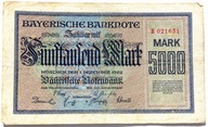 BANKNOT DO KOLEKCJI NIEMCY BAWARIA 5000 MAREK 1922