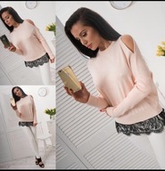 LOLA Sweter sweterek RÓŻOWY oversize wiosna Z KORONKĄ UNIWERSALNY