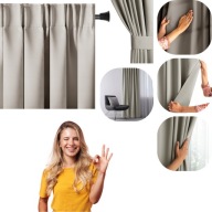 ZESTAW ZASLONA ZACIEMNIAJACA + SZARFA 140X270 BEZOWA GLADKA TUNEL NA TASMIE