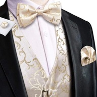 L XL ślubna Kamizelka Krawat poszetka ecru ZŁOTA zestaw muszka do ślubu