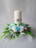 Stroiki Komunia Świeca IHS Kwiaty Piankowe Biało - Błękitne