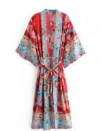 Czerwone kimono plażowe damskie BOHO – lekkie, przewiewne, kwiatowy wzór