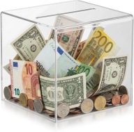 SKARBONKA AKRYLOWA PRZEZROCZYSTA NIEOTWIERANA NA PIENIĄDZE BANKNOTY MONETY