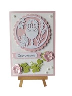 ZAPROSZENIA KOMUNIA DZIEWCZYNKA KIELICH KŁOS W OKRĘGU B6 RÓŻ - BIEL