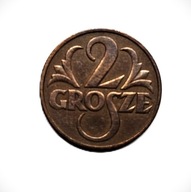 Polska moneta o nominale 2 grosze z 1937 roku (II Rzeczpospolita)