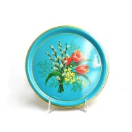 Vintage Taca Metalowa Kwiaty Retro PRL Design Dekoracja 1970 Tulipy Wiosna