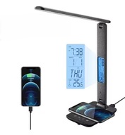 LAMPA BIURKOWA LED Z ŁADOWARKĄ BEZPRZEWODOWĄ USB ZEGAR TERMOMETR BUDZIK