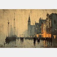 Stare miasto port abstrakcja obraz olejny na płótnie 58x85 brązowy statki